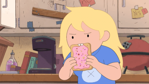 Girl In Blue Shirt Eating Toast With Sprinkles GIF
