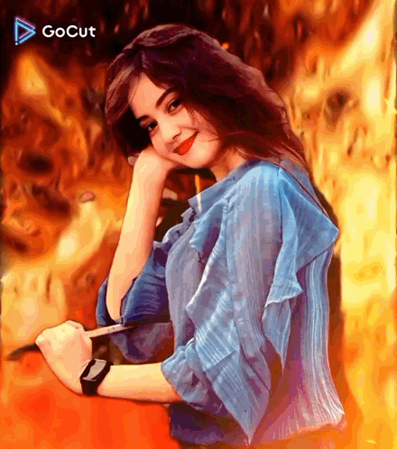 A Girl In A Blue Shirt Is Holding A Pen And Wearing A Smart Watch GIF