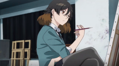 A Girl In A Blue Shirt Is Holding A Pencil In Her Hand GIF