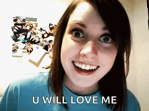 A Girl In A Blue Shirt Is Smiling And Says U Will Love Me GIF