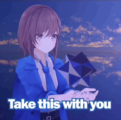 A Girl In A Blue Suit And Tie Is Holding Something In Her Hands And The Words Take This With You Are Above Her GIF