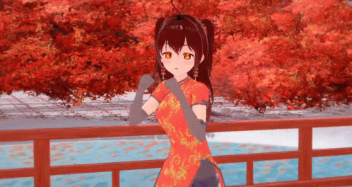 A Girl In A Cheongsam Dress Is Standing On A Bridge . GIF