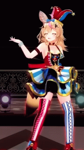 A Girl In A Clown Costume Is Standing On A Stage GIF
