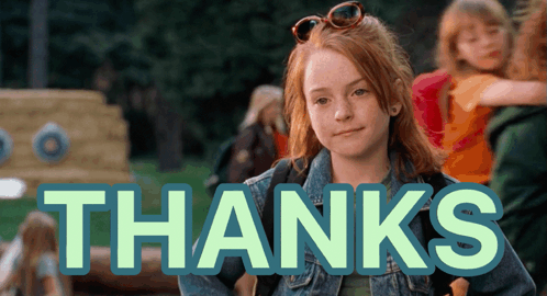 A Girl In A Denim Jacket Is Standing In Front Of The Words Thanks GIF