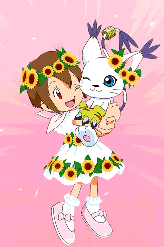 A Girl In A Dress With Sunflowers On It Holds A Cat GIF