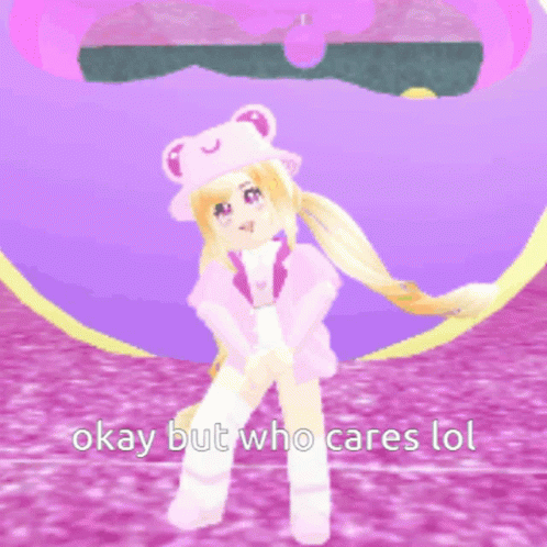 A Girl In A Frog Hat Is Standing In Front Of A Purple Heart With The Words Okay But Who Cares Lol Below Her GIF