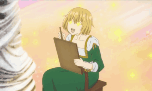 A Girl In A Green Dress Is Sitting On A Stool Holding A Pencil And A Piece Of Paper GIF