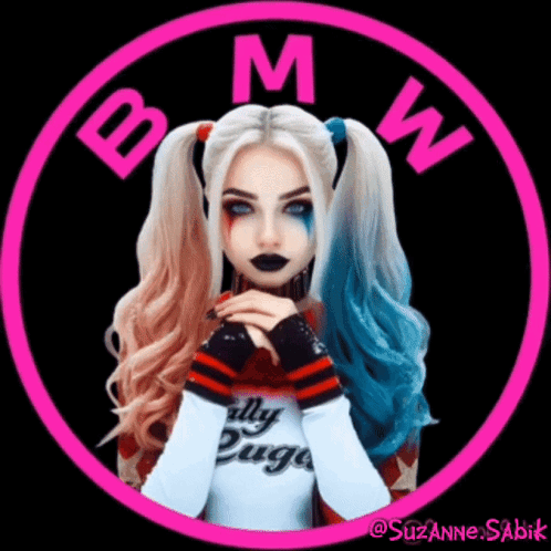A Girl In A Harley Quinn Costume Is In A Pink Bmw Logo GIF