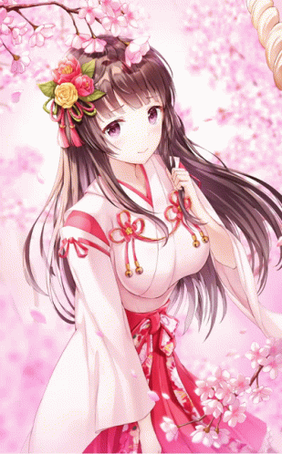 A Girl In A Kimono With Flowers In Her Hair Is Surrounded By Cherry Blossoms GIF