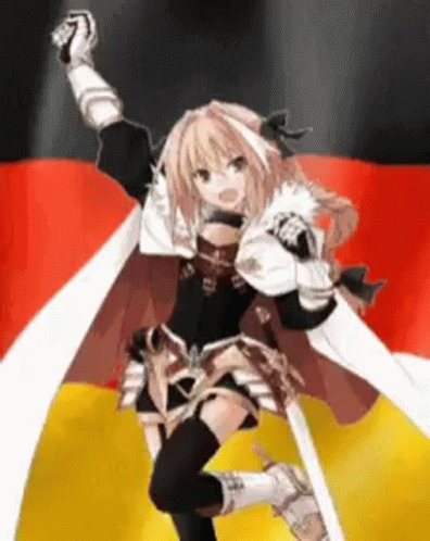 A Girl In A Knight 'S Outfit Is Standing In Front Of A German Flag With Her Fist In The Air . GIF