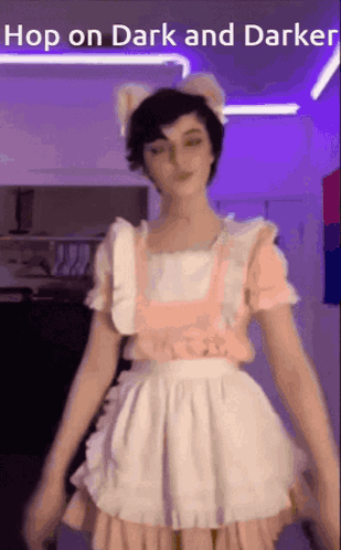 a girl in a maid costume is dancing with the words hop on dark and darker above her
