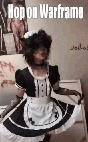 A Girl In A Maid Costume Is Dancing With The Words Hop On Warframe Behind Her GIF