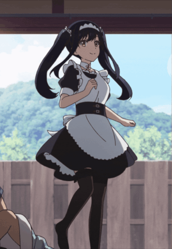 A Girl In A Maid Costume Is Standing In Front Of A Wooden Fence GIF