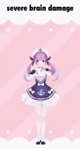A Girl In A Maid Dress Is Standing On A Pink Background With The Words `` Severe Brain Damage '' . GIF
