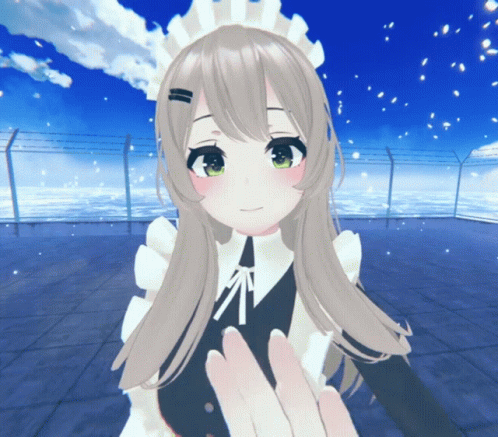 A Girl In A Maid Outfit Holds Someone 'S Hand In Front Of A Fence GIF