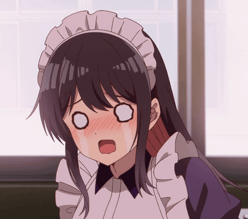 a girl in a maid outfit is making a funny face