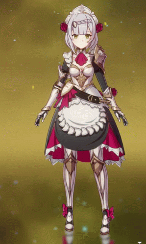 A Girl In A Maid Outfit Is Standing In Front Of A Golden Background GIF