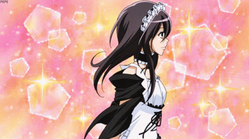 A Girl In A Maid Outfit Is Standing In Front Of A Pink Background With Pepe Written On The Bottom GIF