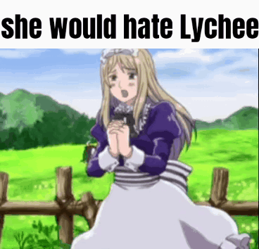 A Girl In A Maid Outfit Is Standing In Front Of A Wooden Fence With The Words She Would Hate Lychee . GIF