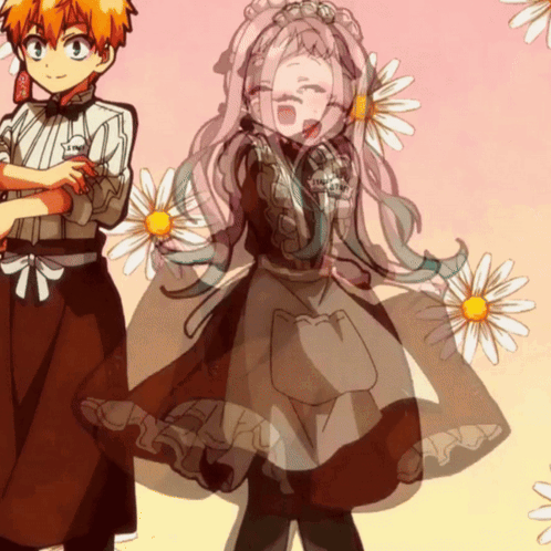 A Girl In A Maid Outfit Is Surrounded By Daisies And A Boy In A Bow Tie With The Letter O On His Shirt GIF