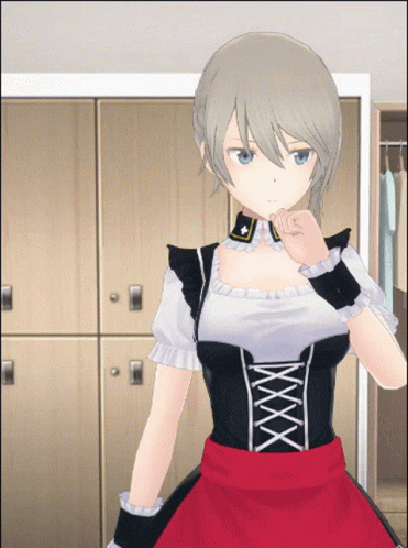 A Girl In A Maid Outfit Stands In Front Of A Row Of Lockers GIF