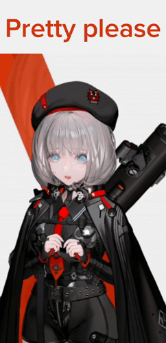 A Girl In A Military Uniform Is Holding A Gun And Says " Pretty Please " On The Bottom GIF