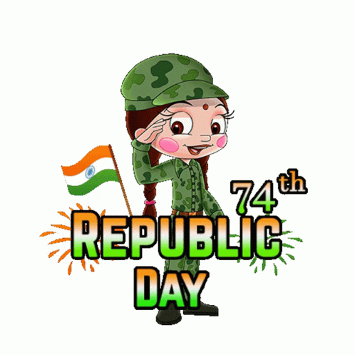 A Girl In A Military Uniform Salutes While Holding A Flag And The Words 74Th Republic Day GIF
