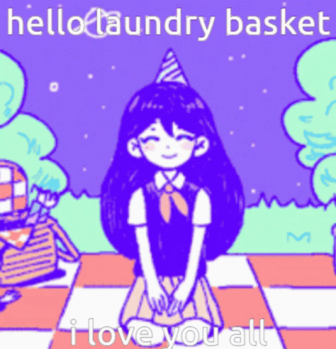 A Girl In A Party Hat Is Sitting On A Checkered Floor With The Words Hello Laundry Basket I Love You All Below Her GIF