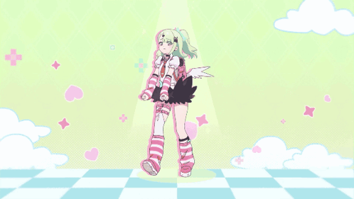 A Girl In A Pink And Black Outfit Is Standing In Front Of A Checkered Floor GIF
