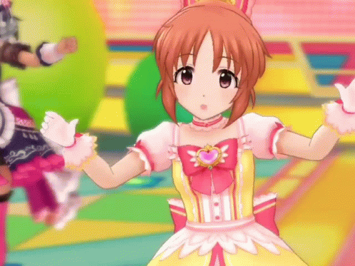 A Girl In A Pink And Yellow Dress Is Dancing In A Video Game . GIF