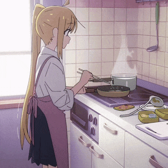 A Girl In A Pink Apron Is Cooking On A Stove With Chopsticks GIF