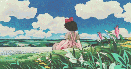 A Girl In A Pink Apron Is Sitting In A Field Looking At The Sky GIF