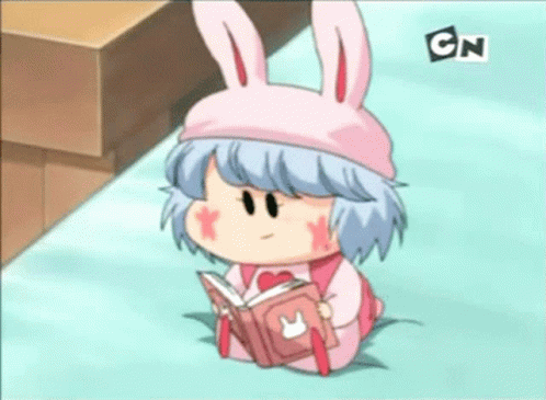 A Girl In A Pink Bunny Hat Is Reading A Book With Cn On The Bottom Right GIF