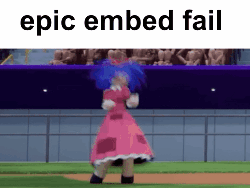 A Girl In A Pink Dress Dancing On A Baseball Field With The Words Epic Embed Fail Above Her GIF