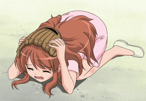A Girl In A Pink Dress Holds A Baseball Glove On Her Head GIF