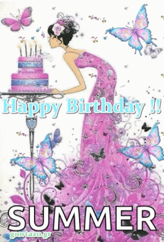 A Girl In A Pink Dress Is Blowing Out Candles On A Birthday Cake Surrounded By Butterflies .. GIF