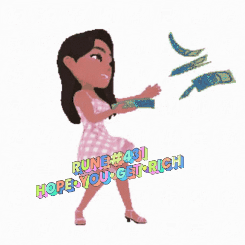 A Girl In A Pink Dress Is Holding A Bunch Of Money With The Words Rune # 431 Hope You Get Rich Below Her GIF