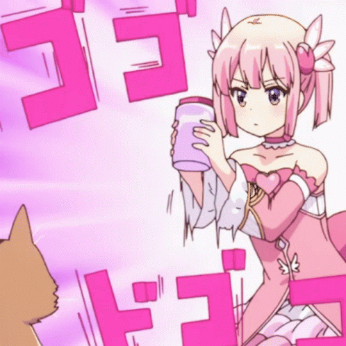 A Girl In A Pink Dress Is Holding A Purple Object In Her Hands GIF