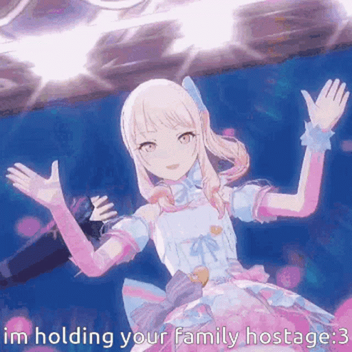 A Girl In A Pink Dress Is Holding Her Hands Up In The Air And Says `` Im Holding Your Family Hostage 3 '' . GIF