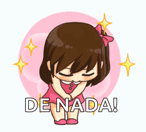 A Girl In A Pink Dress Is Kneeling Down With The Words De Nada Behind Her GIF