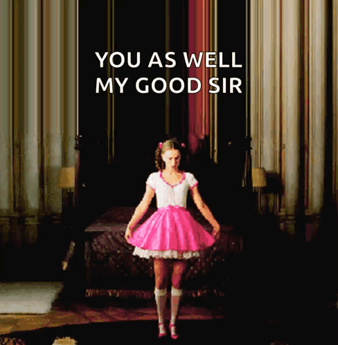 A Girl In A Pink Dress Stands In Front Of A Bed With The Words " You As Well My Good Sir " Above Her GIF