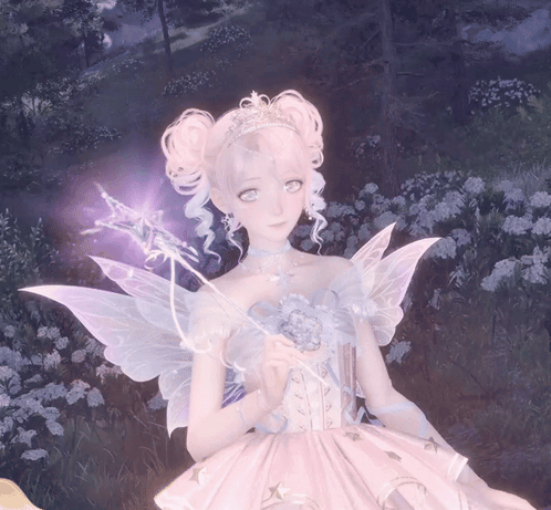 A Girl In A Pink Dress With Wings Is Holding A Flower GIF