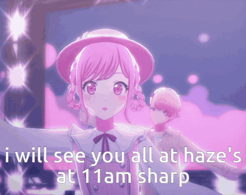 A Girl In A Pink Hat Says I Will See You All At Haze 'S At 11 Am Sharp GIF