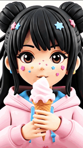 A Girl In A Pink Hoodie Is Holding An Ice Cream Cone In Her Hand GIF