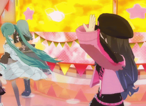 a girl in a pink jacket is dancing with another girl in a white dress