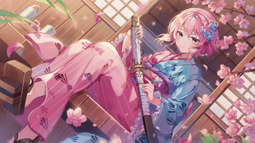 A Girl In A Pink Kimono Holds A Sword GIF