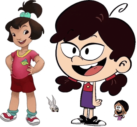 A Girl In A Pink Shirt With A Swirl On It Is Next To A Cartoon Girl GIF