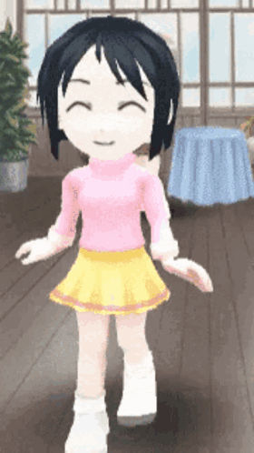 A Girl In A Pink Sweater And Yellow Skirt Is Dancing GIF