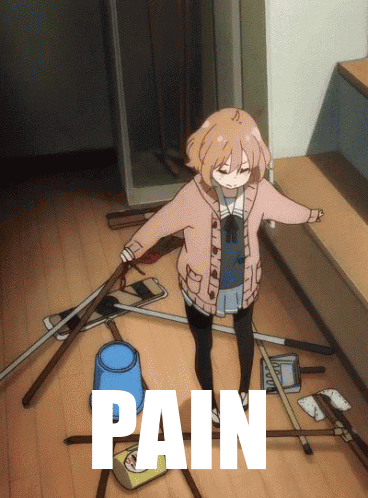 A Girl In A Pink Sweater Is Standing In A Messy Room With The Word Pain Below Her GIF