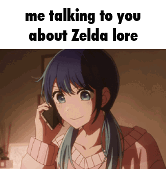 a girl in a pink sweater is talking on a cell phone with the caption me talking to you about zelda lore